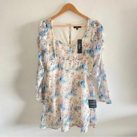 LULU'S Lovely Type Ivory Floral Print Puff Sleeve A-Line Mini Dress Sz Medium - Picture 2 of 13